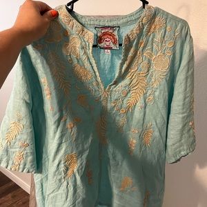 Johnny Was Blouse- Turquoise + Gold